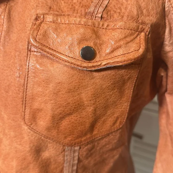 100% Genuine Leather Snap-Button Shirt Jacket (Size Medium, Rust Orange Vintage) - Picture 3 of 16